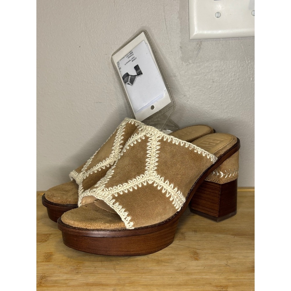 Frye Women Tan Suede Crochet Diamond Platform Slide Sandals FR41054-ALM Size 8M